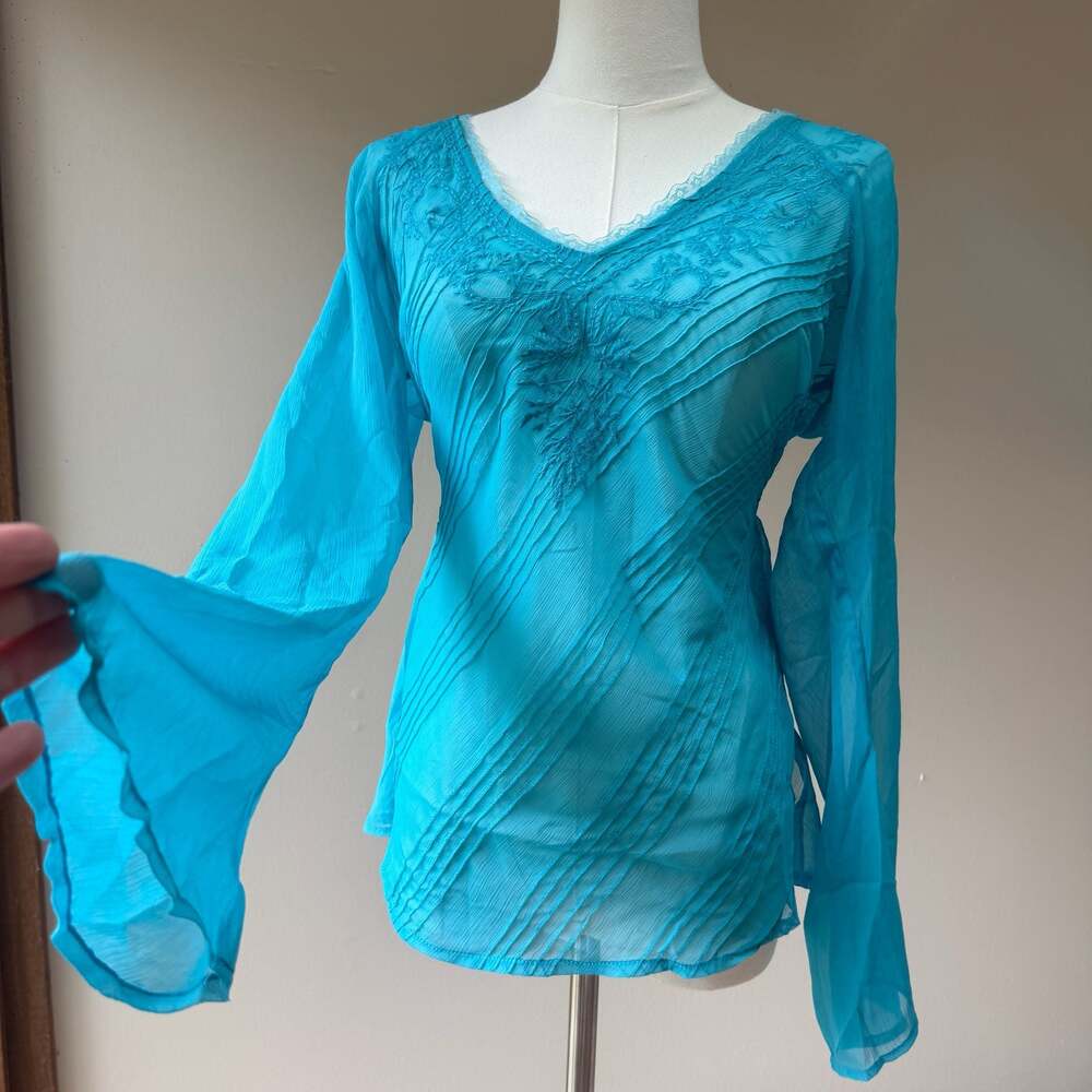 Vintage Y2K Turquoise Sheer Embroidered Bell Sleeve Tunic Top - Picture 5 of 12